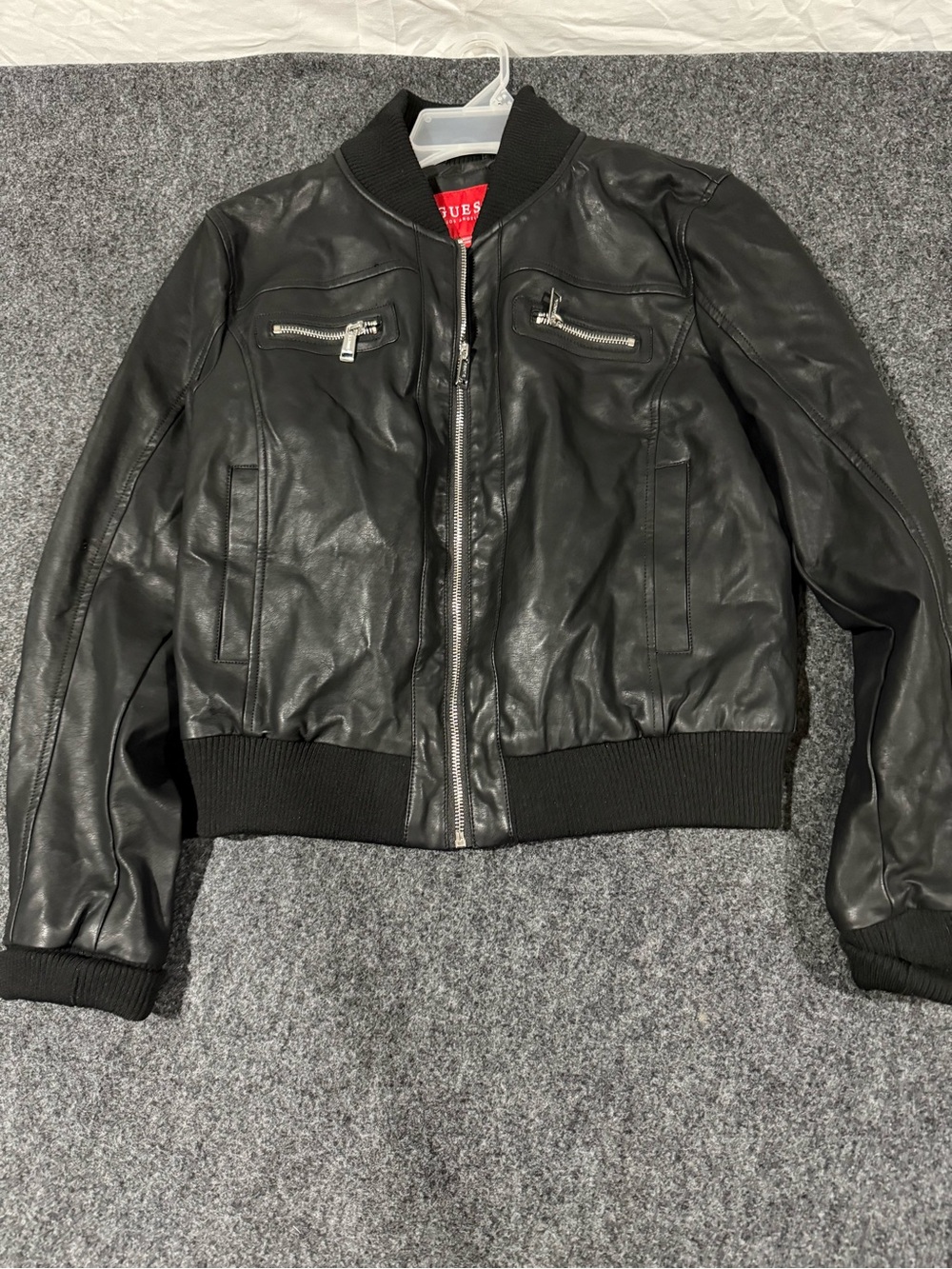 Guess Black Leather Bomber Jacket with Ribbed Trim